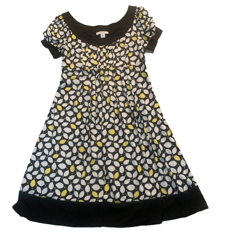DRESSBARN BLACK/WHITE YELLOW GEOMETRIC DESIGN SHORT SLEEVE‎ DRESS SIZE 6-EUC